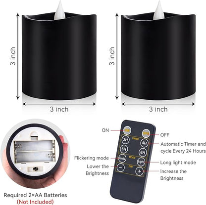 Black Flameless LED Candles, Black Battery Operated Candles with Remote Timer, 3"x3" Real Wax 2-Pack, 3D Flickering Flame Last 600+ Hours, Ideal for Halloween Christmas Gothic Home Decor