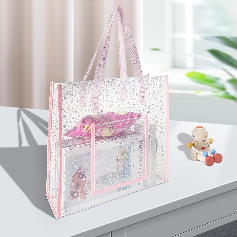 TotePrint TPU Star Clear Tote Bag - Large, Pink, Waterproof, Sandproof - Zipper Closure, Perfect for Beach, Shopping, Travel or Everyday Use