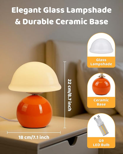 Mushroom Lamp Bedside Table Lamp for Bedroom, Cute Small Lamps with Glass Lampshade, Nightstand Lamp with Dimmer for Living Room Kitchen Apartments Offices Desk Shelves (Orange)