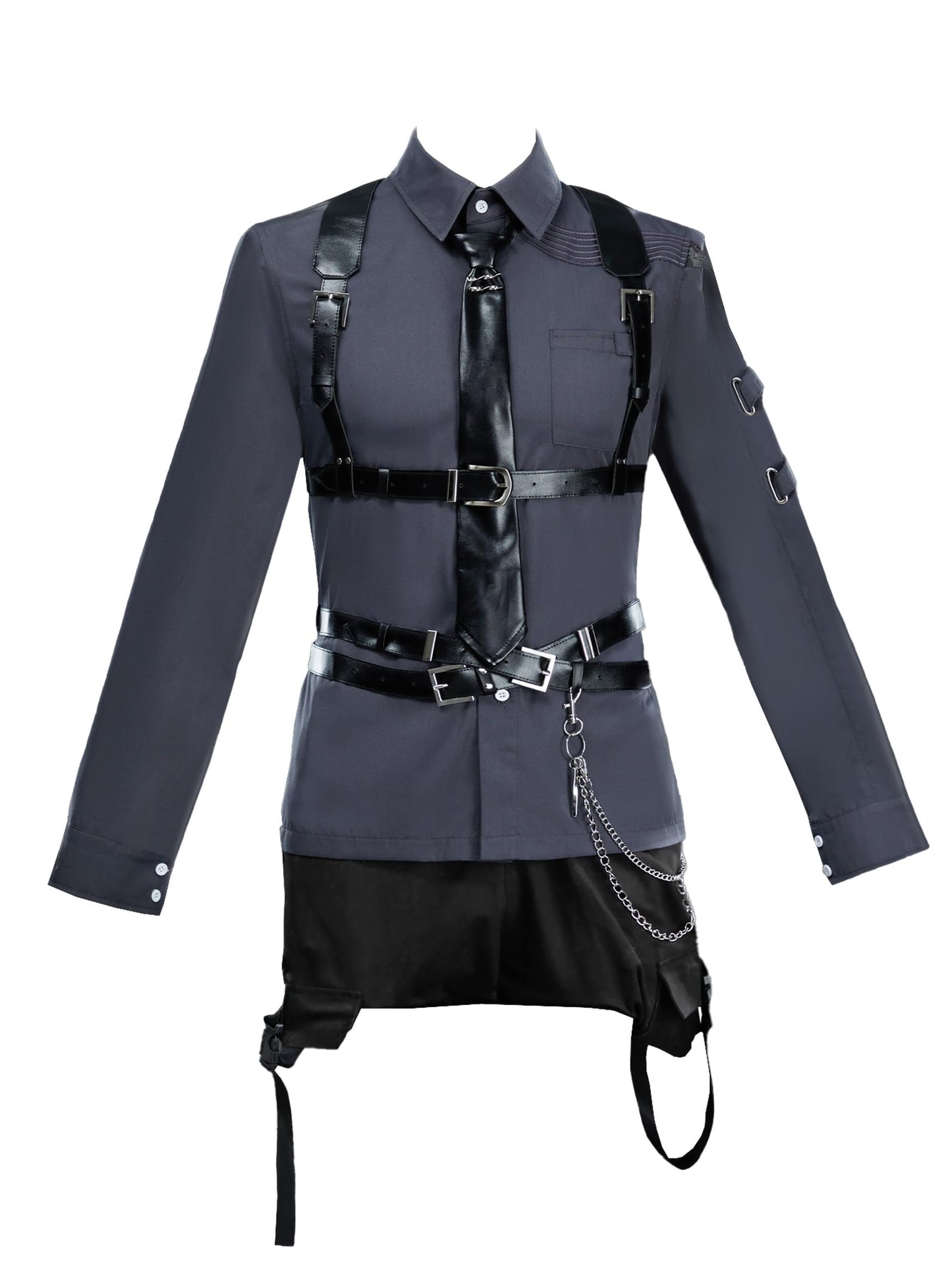 miccostumes Unisex Cosplay Accessory Black Leather Body Harness Belt Set with Waist Chain Gloves Necktie (black, S/M)