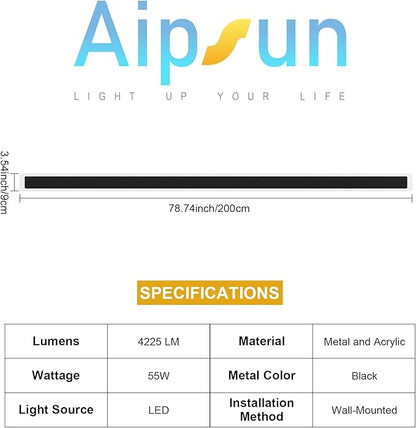 Aipsun Porch Wall Lights 78.7 inch Long Strip Modern Outdoor Wall Light Fixture 1 Pack, 55W Black Wall Mount Lighting Sconce Exterior Lights Wall Sconce 3000K for House Living Room Corridor