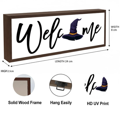 Welcome Wood Home Decor Signs, Welcome Witches Hat Wood Plaque, Home Tabletop Desk Decorative Sign, Halloween Sign, Hanging Decorative Wooden Plaque 9.5x3.1 Inches(A30)