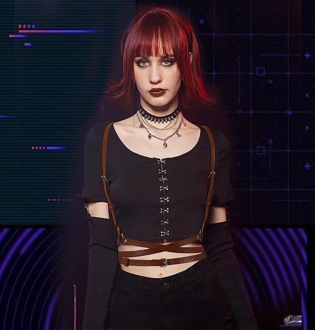 FTmgg@qq Women's Leather Body Chest Harness Punk Chain Belt Adjustable Waist Suspender For Shirt Dresses Gothic Costume Accessories