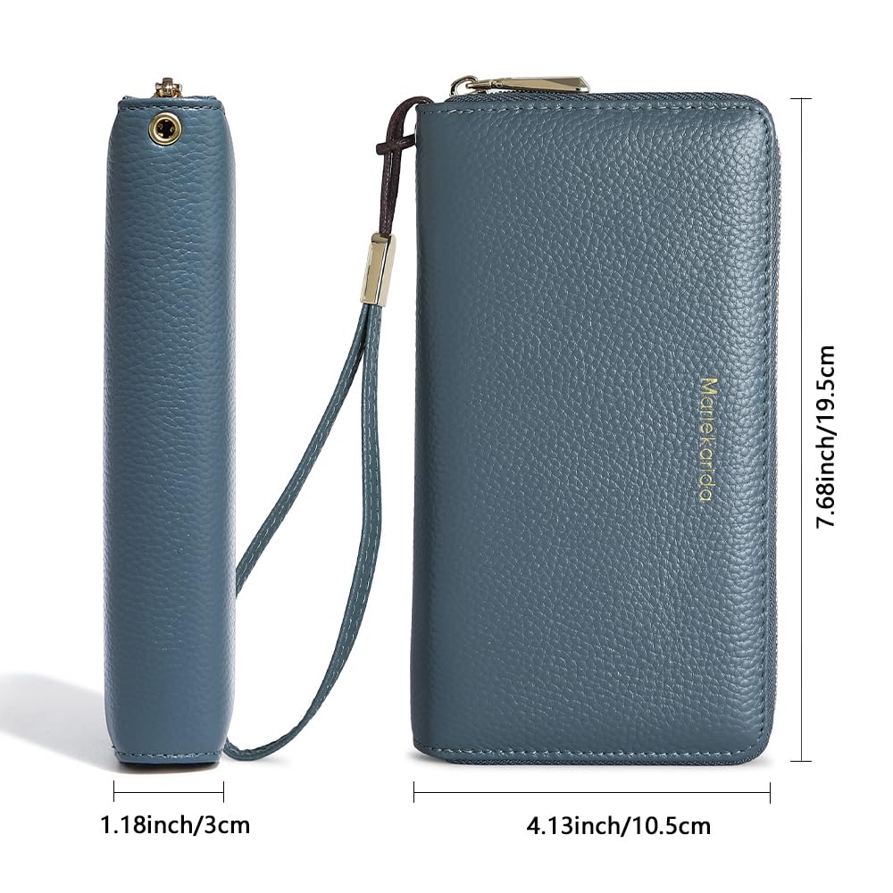 Fashionable long RFID leather women's wallet, large capacity multi slot phone case, zipper closure, detachable wrist strap, hand-held wallet (Light Blue)