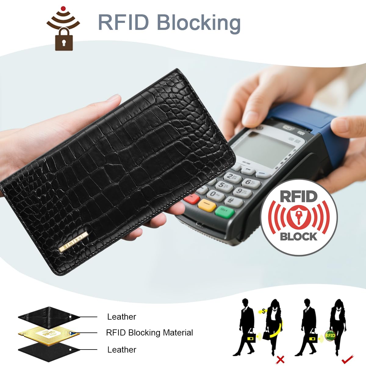 Simikol Wallet Women Bifold Faux Crocodile Leather Minimalist Slim Thin Long Wallets RFID Blocking Credit Cards Holder Purse with Back Zipper Coin Pocket for Women and Men,Black