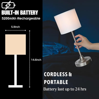Portable Cordless Table Lamp,Built-in 5200mAH Rechargeable Battery, Dimmable Touch Wireless Light, Bed Side Metal Desk Lamp，Restaurant/Bedroom/Bar/Coffee/Night Light (Brushed Nickel)