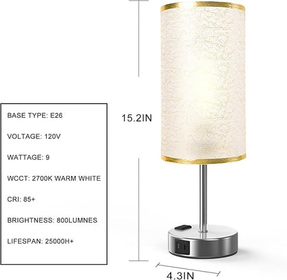 Table Lamp for Bedroom with Touch Control,Bedside Lamp with USB C+A Charging Ports& AC Outlets, Adjustable 3color LED Light for Home Decor/Nightstand/Bedroom/Office,Included Bulb and Fabric Lamp Shade