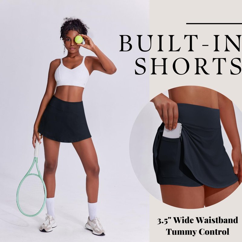 PINSPARK Womens Tennis Skirt High Waisted Golf Skirts with Shorts Underneath Quick Dry Workout Skort Flowy Athletic Skorts, Dark Navy X-Large