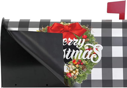 Kcldeci Merry Christmas Magnetic Mailbox Cover Buffalo Check Plaid Xmas Wreath Magnetic Mailbox Covers Post Box Cover Wraps for Garden Yard Decor Large Size 21" X 18"