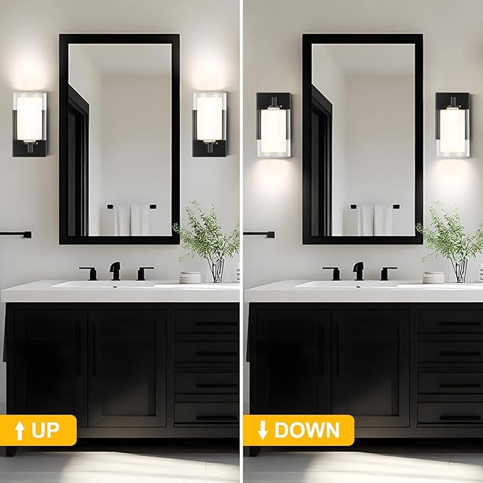 Wall Sconces Set of Two: Bathroom Sconce of 2, Black Vanity Fixtures with Double Clear Glass Shade, E26 Base Hardwired Farmhouse Wall Lights for Bedroom Living Room Bathroom (Bulb not Included)