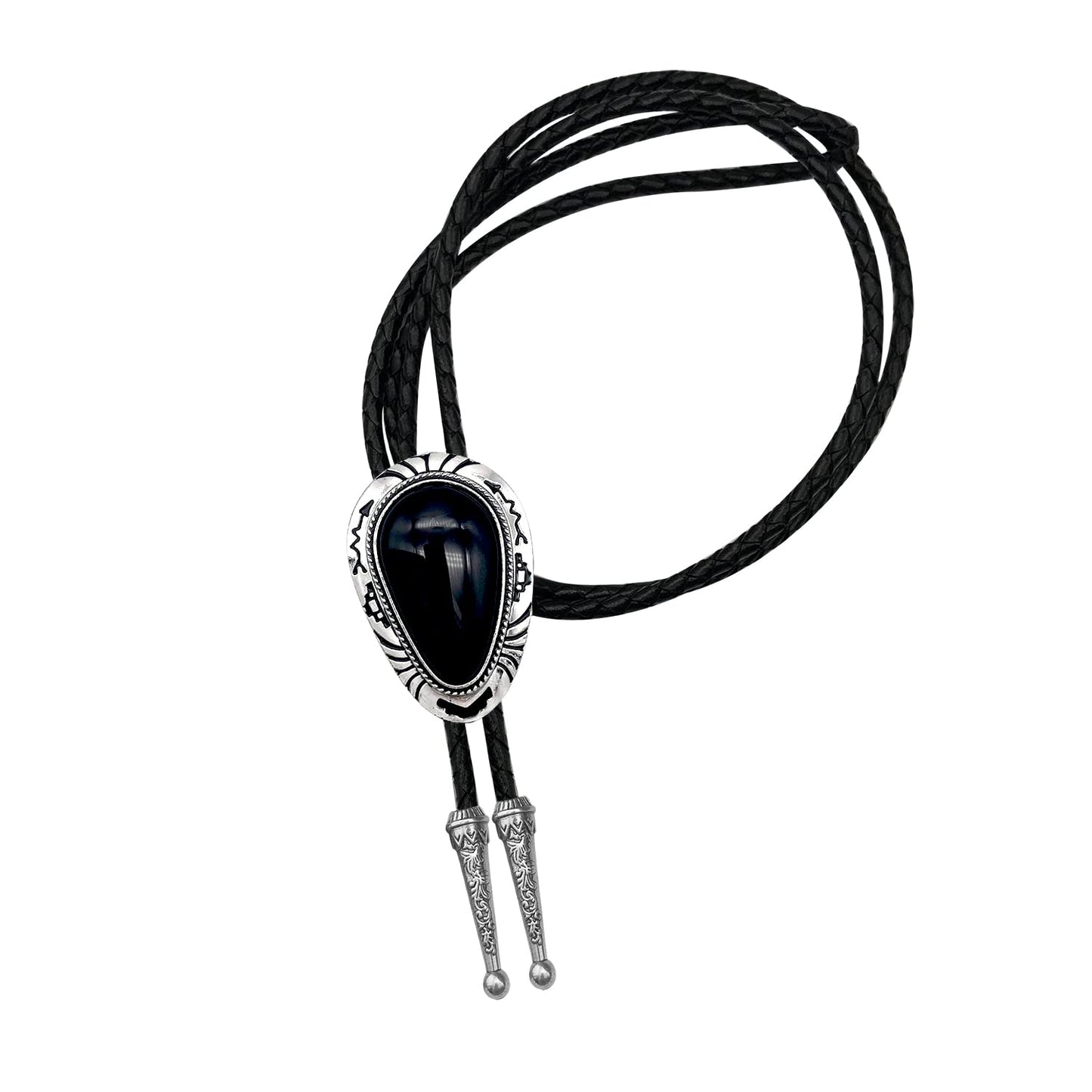 QUKE Black Stone Bolo Tie Native Western Cowboy Hand-woven Leather Bola Tie Necktie for Men Women