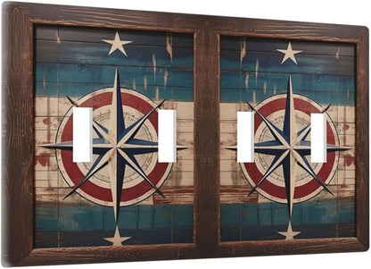 Decorative Art Light Switch Covers Nautical Rustic Star Emblem Quad Toggle 4 Gang Wall Plate Switch plate Electrical Faceplate for Home Decor