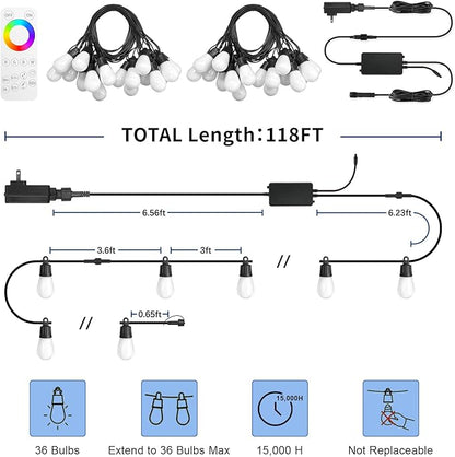 Outdoor String Lights 118FT Smart Patio Lights with APP Control, 36 LED Bulbs RGB IC Warm White, IP65 Waterproof Color Changing for Christmas, Patio, Backyard, Garden, Party, Holiday Decor
