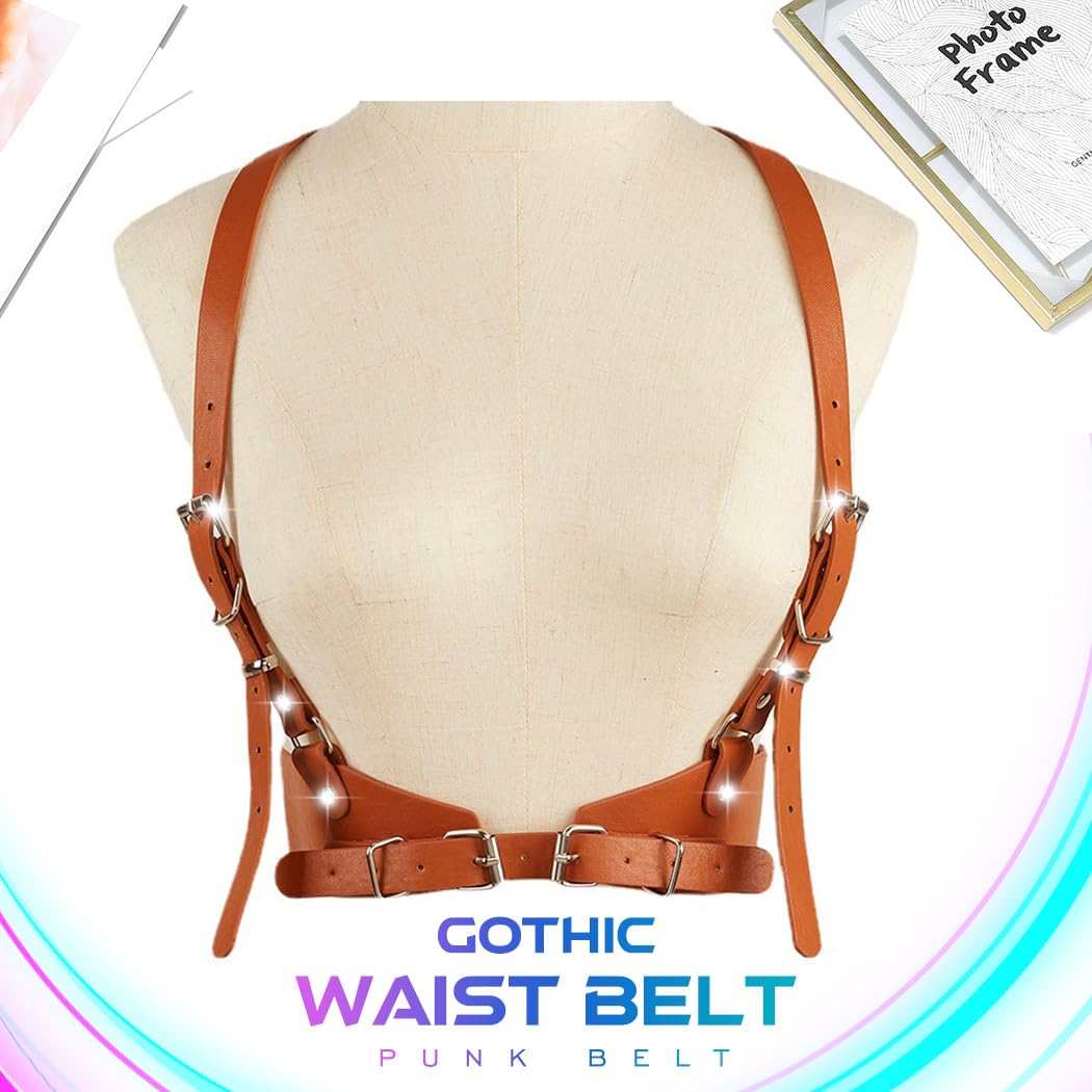 CLOACE Punk Waist Belt Gothic Black Leather Wide Waist Belts Elastic Cosplay Halloween Body Chain Accessory for Women (brown)