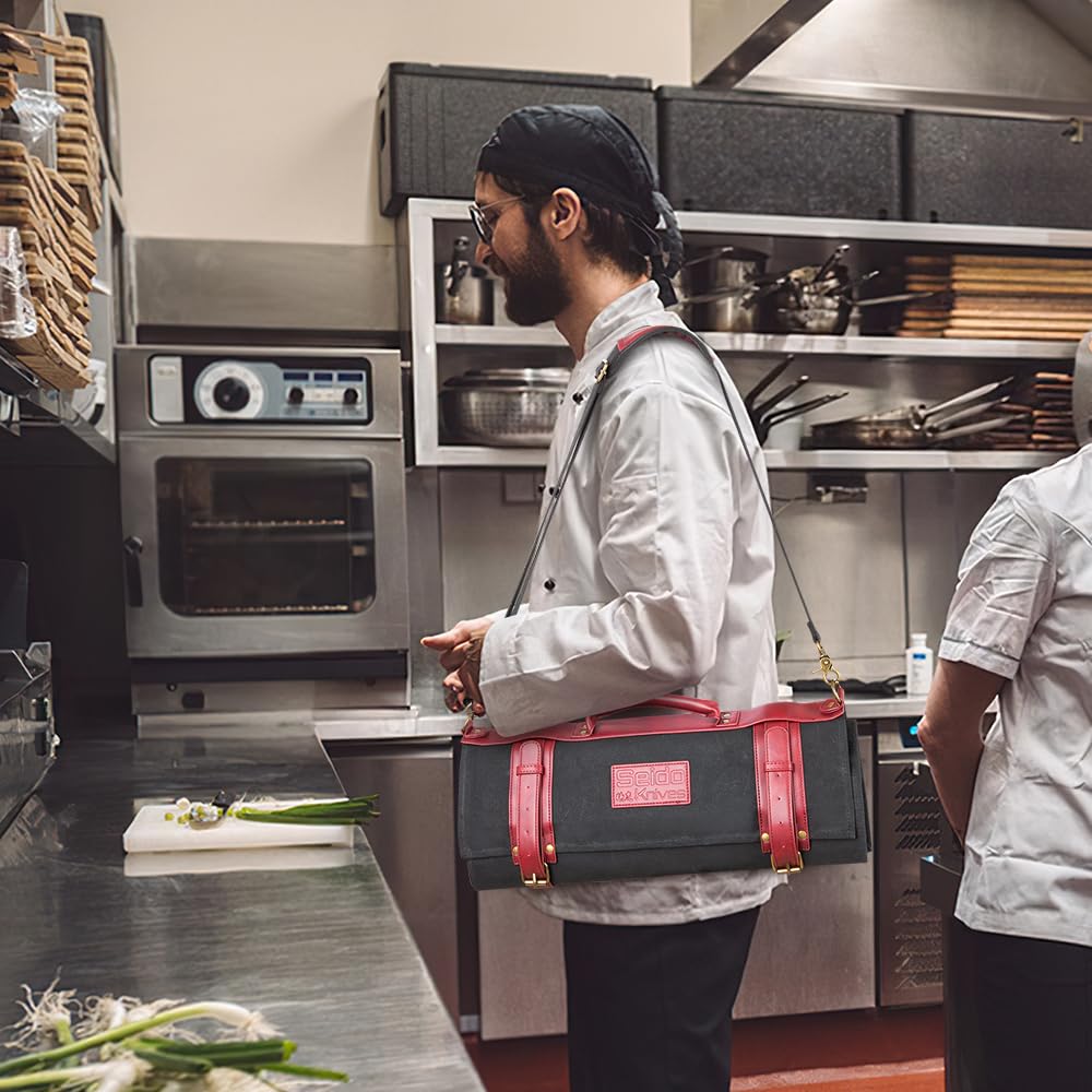 Seido Knives Professional Knife Roll Bag - Heavy Duty Canvas & Leather, Holds 18 Knives and Culinary Tools Including 12 Large Knives, with 4 Slots for Utensils and 2 Large Meat Cleavers