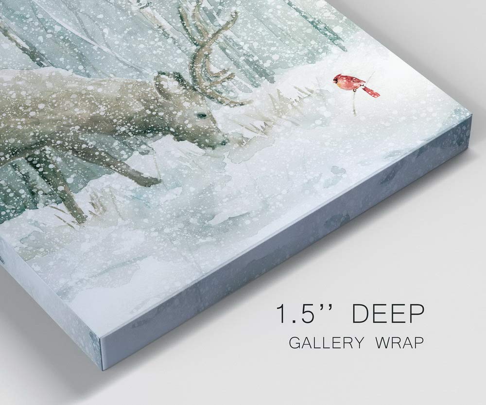 Renditions Gallery Reindeer and Cardinal Wall Art, Cute Christmas Artwork, Snowy Winter Forest, Scenic Nature, Premium Gallery Wrapped Canvas Decor, Ready to Hang, 24 in H x 24 in W, Made in America