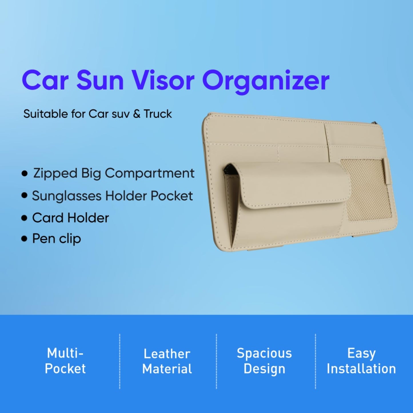 WiiLemz Car Visor Organizer, Multi-Pocket Sunvisor Storage with Sunglass Holder, Document Holder and Visor Card Clip, Fit for AUTO SUV & Truck, Leather Car Accessories Interior (Grey)