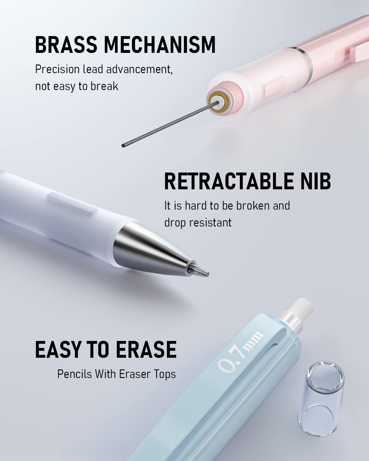 Nicpro 3PCS Cute Mechanical Pencil Set with Case, 0.7 mm Pencils with 6 Tube HB Lead Refill, 3PCS Eraser, 9PCS Eraser Refill for School Supplies Kid Student Writing, Drafting Drawing Sketching
