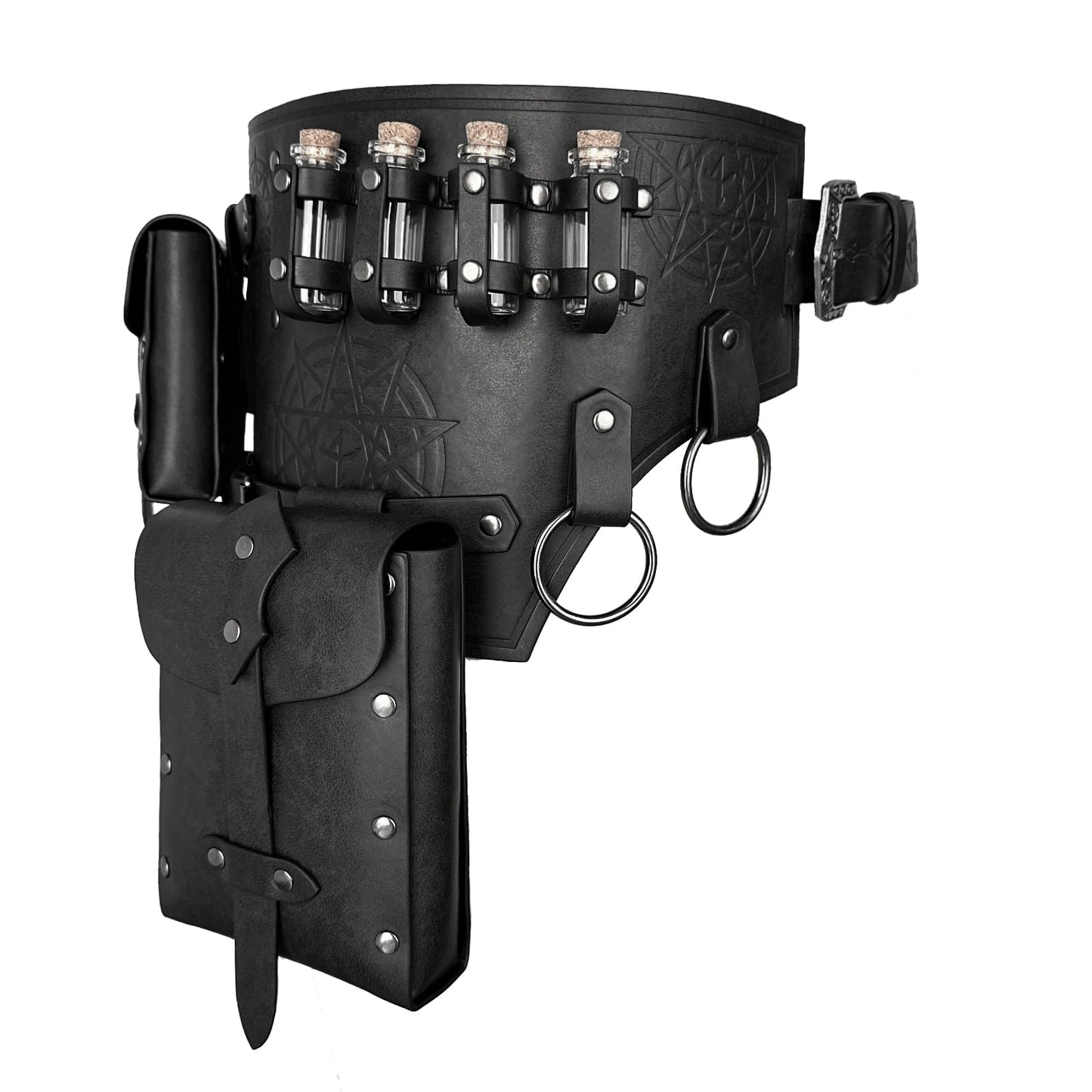 HiiFeuer 4 PCs Medieval Alchemy Belt Costume, Fantasy Faux Leather Wizard Potion Holder Belt with 4 Cork Vials and Belt Bag (Black A)