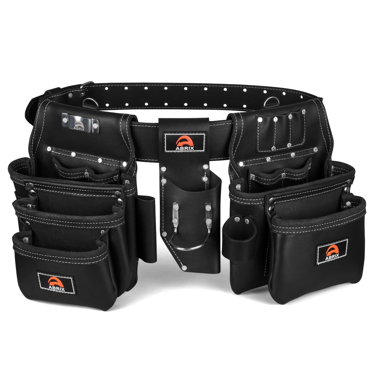 ABRIX Heavy Duty Tool Belt for Men – 4MM Thick Genuine Leather, Brass Buckle & Rivets | Foam Padded Comfort | 28-Pocket Carpenter & Framing Rig | Fits Waist 32 to 52 Inches | Professional Work Belt