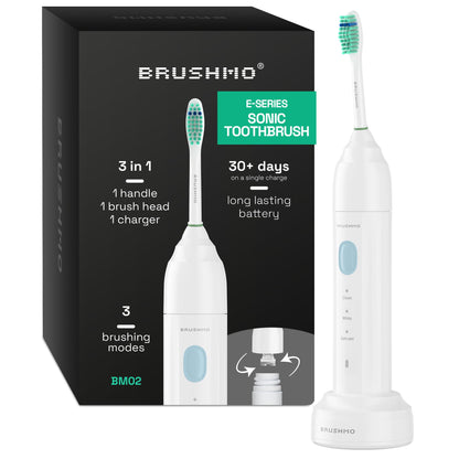 Brushmo e-Series Electric Sonic Toothbrush - Rechargeable Screw-On Electronic Tooth Brush for Adults with 3 Modes & Timer - IPX7 Waterproof, Long-Lasting Battery & Wireless Charging Base - White