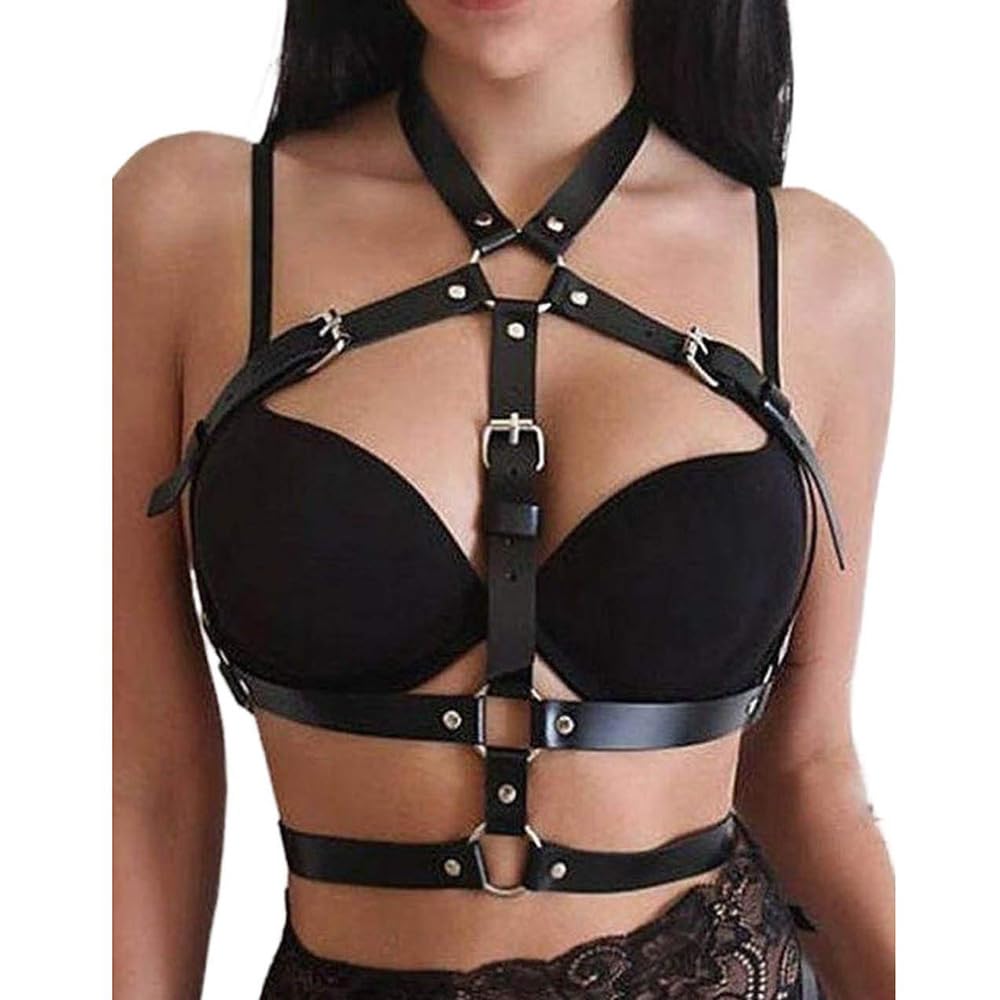 Punk Layered Chest Chain for Women, Faux Leather Body Harness, Gothic Adjustable Chest Chain, Alternative Fashion Jewelry Body Waist Chain Belt Belly Bra Body Chain Jewelry for Women (Body Band)