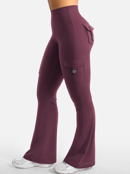 YEOREO CoreFlex Women Workout Flare Leggings with Pockets Hidden Scrunch High Waisted Cargo Gym Yoga Leggings Dark Cherry M