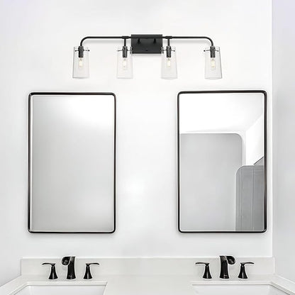 XiNBEi Lighting Bathroom Vanity Light, Industrial 4 Light Vanity Light Black Wall Light Fixture with Clear Seeded Glass Over Mirror XB-W1283-4-MB