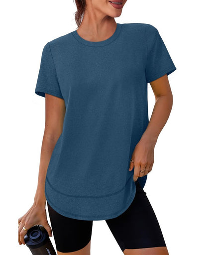 Short Sleeve Shirts for Women Workout Yoga Tops Sun Protection Clothing Summer Outfits Rash Guard Side Slit Blue XL