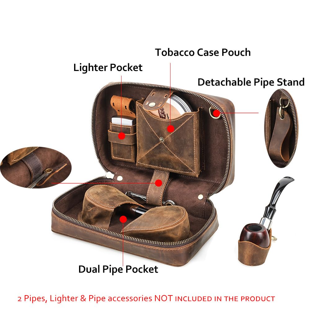 CONTACTS Pipe Tobacco Pouch with Pipe Stand Full Grain Leather Tobacco Pipe Accessories Bag Handmade Travel Organizer for 2 Pipes, Lighter, Cigarette