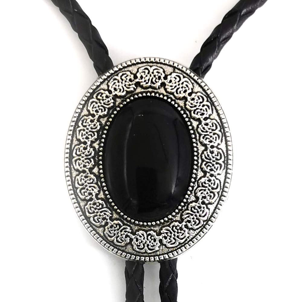LAXPICOL Vintage Western Cowboy Oval Celtic Black Stone Bolo Tie For Men Native American Retro Bola Tie Necktie