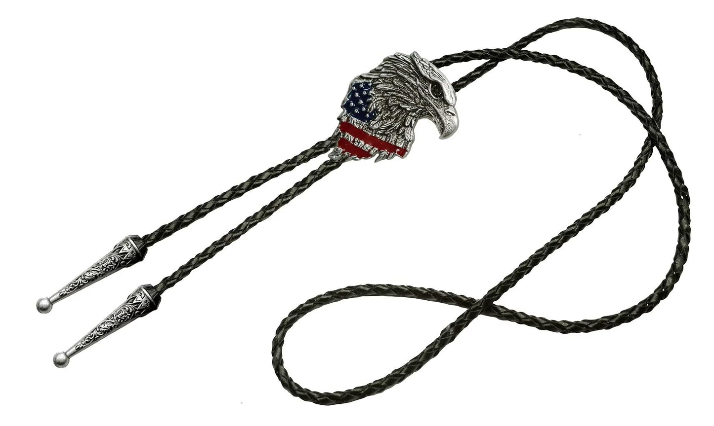 Moranse USA Pride Eagle And Americal Flag Western Bolo Tie with Cowboy Style Genuine Cowhide Rope(Silver color)