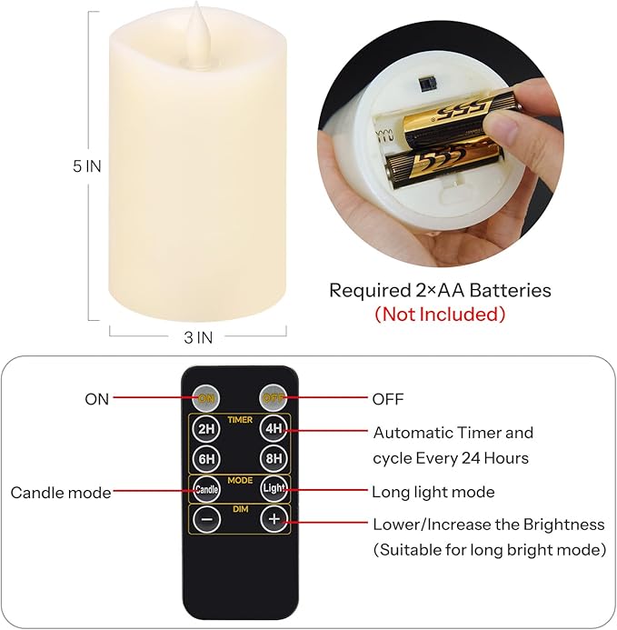 1PCS, 3 x 5 inches Flameless Candle with Remote Control, 3D Flickering Wick, Real Wax, Battery Candles,with Timer,Battery Powered Candles,for Holiday Home Decor,Ivory