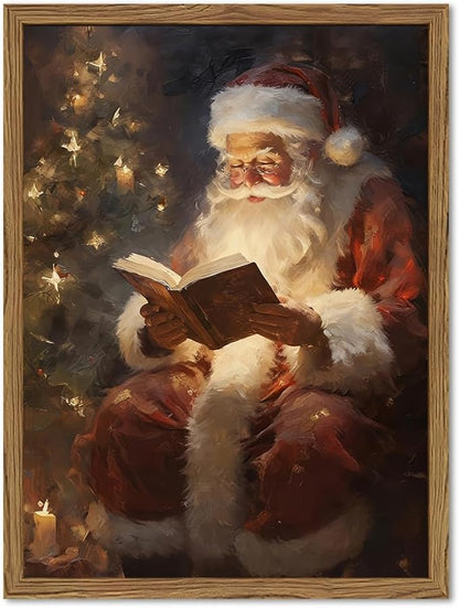 Framed Vintage Christmas Canvas Wall Art, Santa Claus Reading Book Paintings Wall Decor, Rustic Winter Holiday Pictures Prints for Living Room Bedroom Home Decoration 12×16 inch