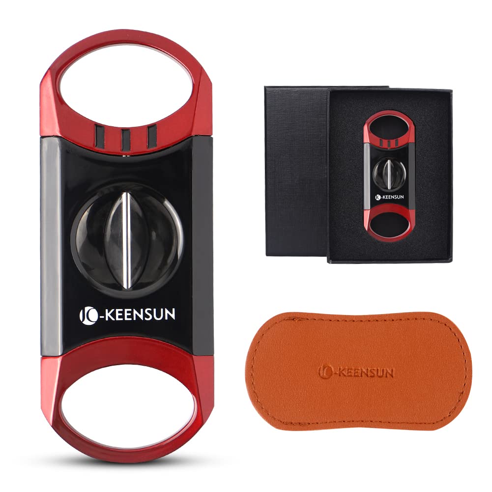 KEENSUN Zinc Alloy V-Cut Cigar Cutter (Red and Black), 60 Ring Gauge, 420J2 Stainless Steel V-Cut Blade & Cigar Holder (2 in 1) in Gift Box