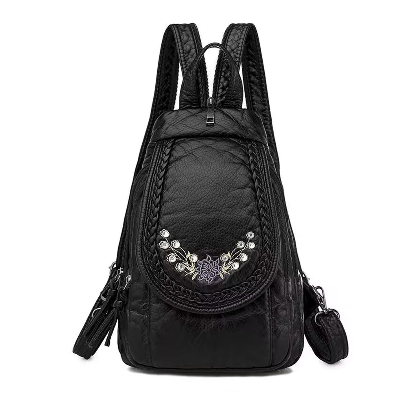HUAZHIMAO Mini Backpack for Women, Soft Washed PU Leather Small Backpack Purse for Women, Waterproof Fashion Shoulder Bag, Ladies Travel Black Rucksack Handbags Bags with Beautiful Flower Pattern