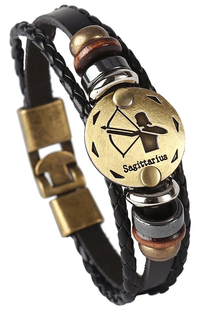 Hamoery Punk Alloy Leather Bracelet For Men Constellation Braided Rope Bracelet Bangle Wristband(Sagittarius)