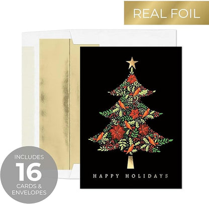 Masterpiece Tapestry Christmas Tree Cards / 16 Winter Holiday Cards Set With Gold Foil Accents And Coordinating Gold Foil Lined White Envelopes / 5 5/8" x 7 7/8" Folded Greeting Cards With Inside Verse