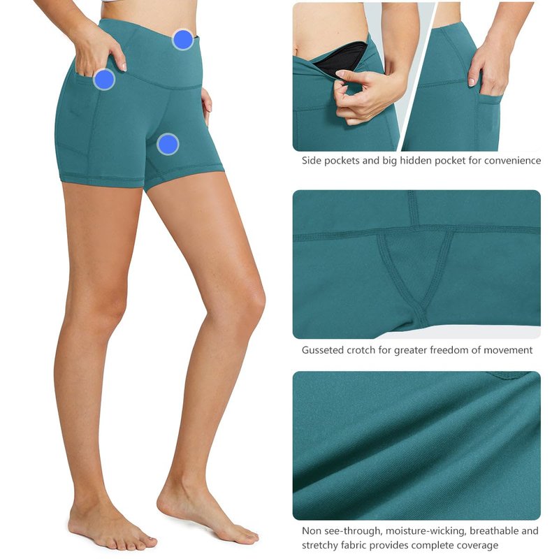 baleaf Biker Shorts Women Yoga Gym Workout Spandex Running Volleyball Tummy Control Compression with Pockets 5" Green L