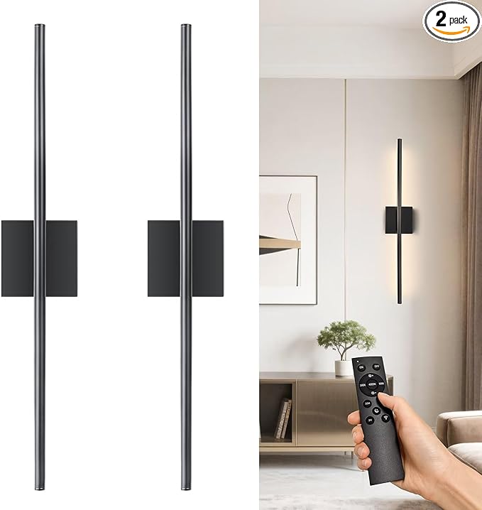 Rechargable Wall Sconce Set of Two, Modern Wireless Living Room Wall Decor Lights with Remote, 28.35Inch Dimmable Indoor Home Decor Lights for Bedroom, Living Room, Hallway (Black/Square)