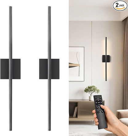 Rechargable Wall Sconce Set of Two, Modern Wireless Living Room Wall Decor Lights with Remote, 28.35Inch Dimmable Indoor Home Decor Lights for Bedroom, Living Room, Hallway (Black/Square)
