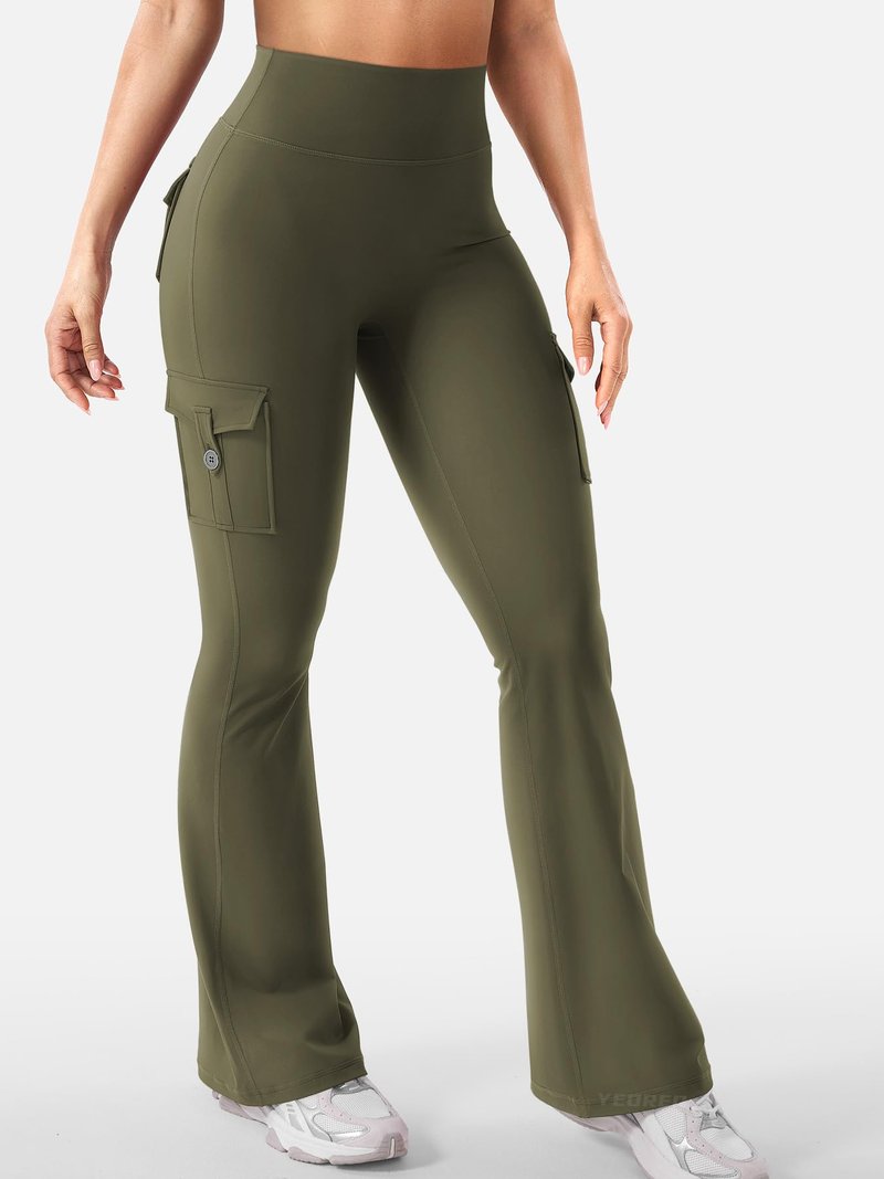 YEOREO CoreFlex Women Workout Flare Leggings with Pockets Hidden Scrunch High Waisted Cargo Gym Yoga Leggings Army Green XL
