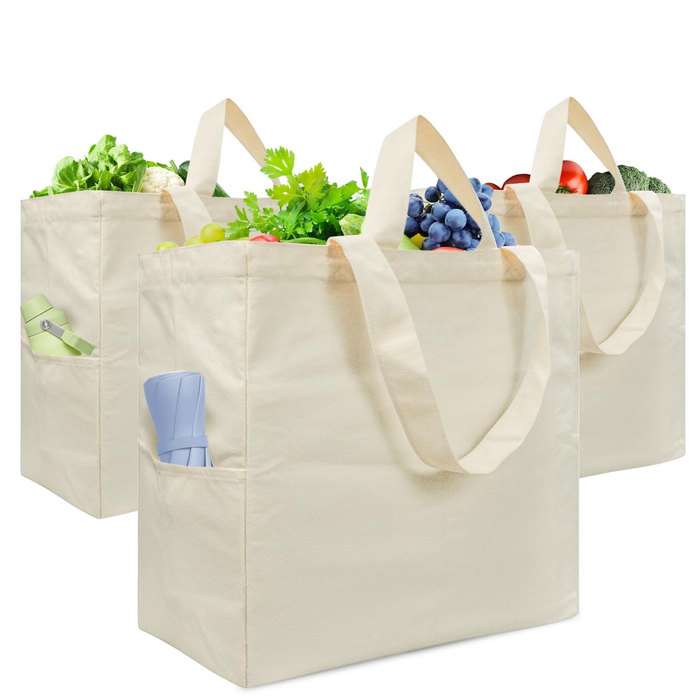 Dwscroad Canvas Tote Bag, Heavy Duty Reusable Grocery Bags with Pockets, Large Shopping Bags for Groceries (3 Pack)