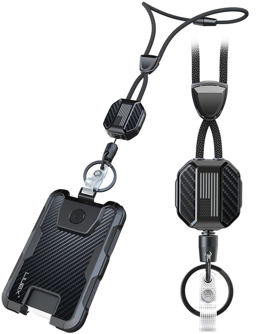LIUGX Carbon Fiber Badge Holder with Retractable Breakaway Lanyard, American Flag, Badge Reel with Heavy Duty ID Card Holder (Holds 6 Cards) with 20" Retractable Cord, Keychain, 4.2 oz, Black