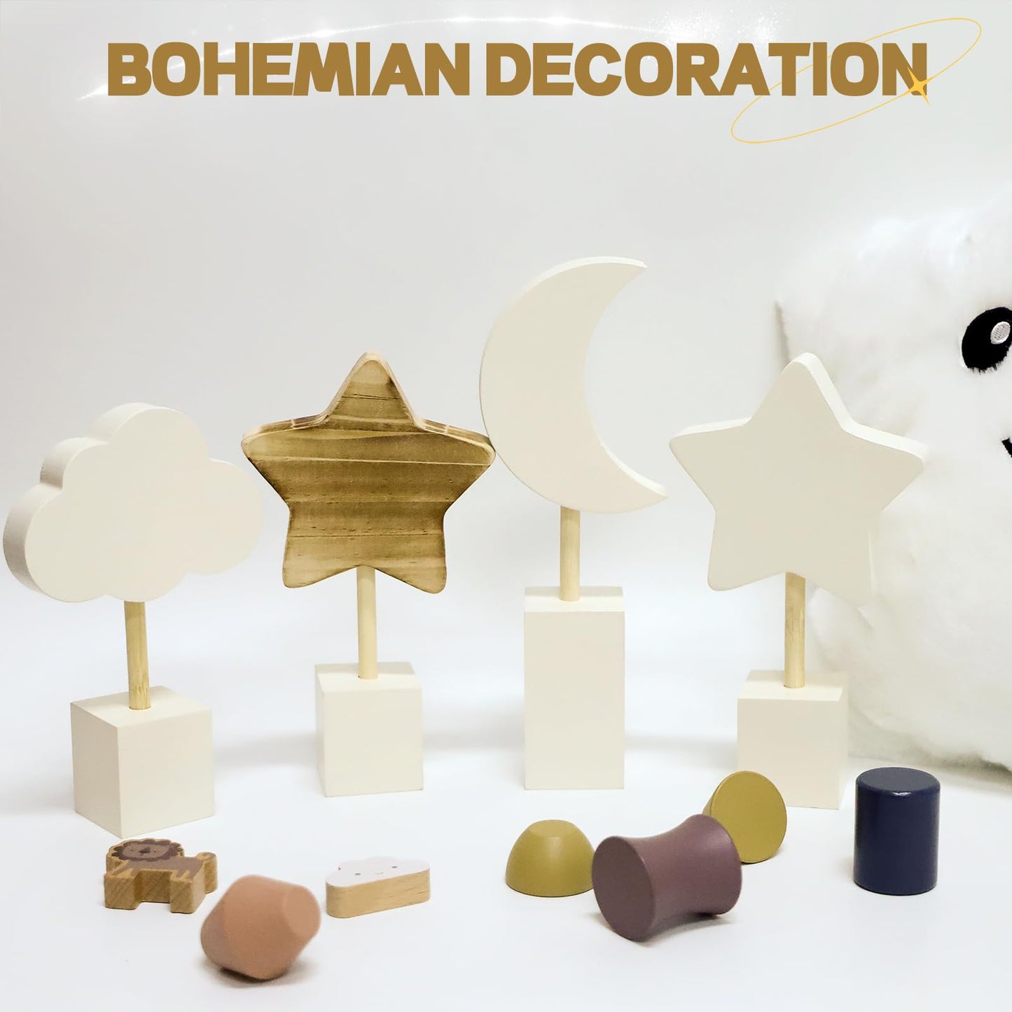 4 Pcs Wooden Moon and Stars Nursery Decor Boho Sky Cloud Nursery Shelf Decor Cute Children Baby Wall Decor for Nurseries Bedroom Kindergarten Classroom Playroom