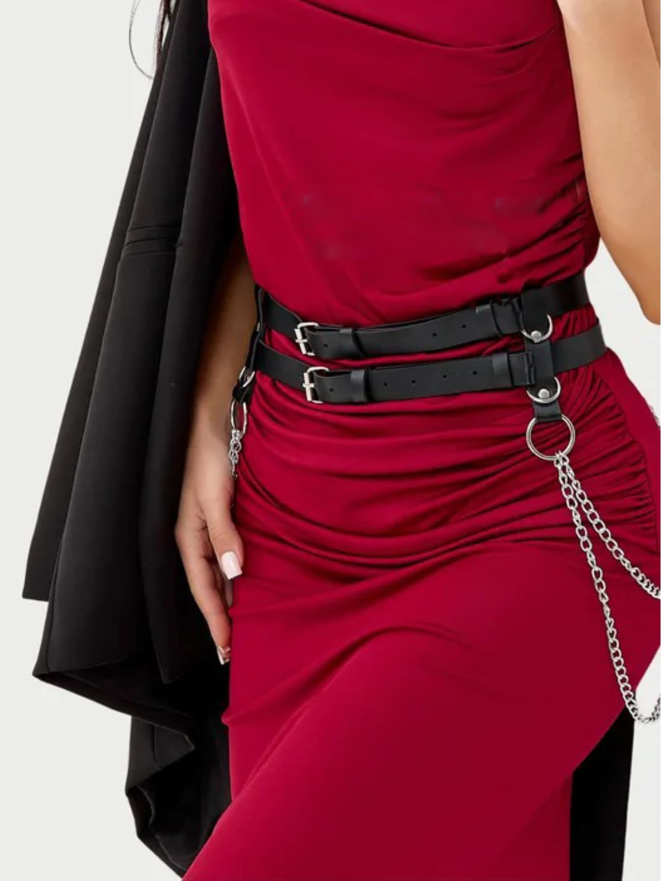WARANDOD Adjustable PU Leather Double-Layer Chain Belt for Women, Punk Goth Waist Harness with Alloy Chains, Fashion Statement Accessory for Dresses & Outfits (Fit Waist 25.0-36.2in)