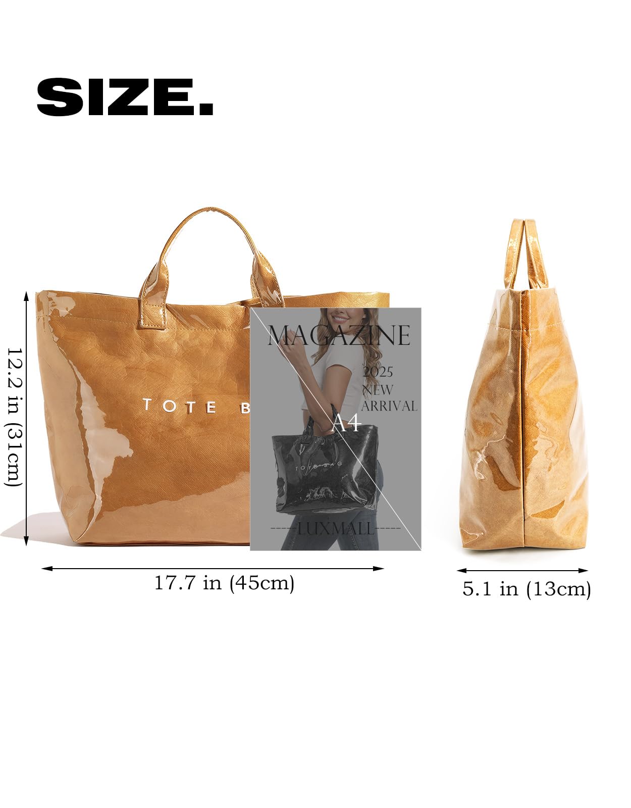 LuxMall PVC Tote Bag for Women Large Tote Purse Kraft Paper The Letters Print Bag Hobo Handbag with Top Handle for Work Travel Shopping Beach, Khaki Brown
