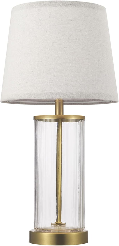 GLOBE Electric 61000063 20" Fillable Ribbed Glass Table Lamp, Matte Brass Accents, Beige Linen Shade, On/Off Rotary Switch on Socket, for Living Room, Bedroom, Office, Home Décor