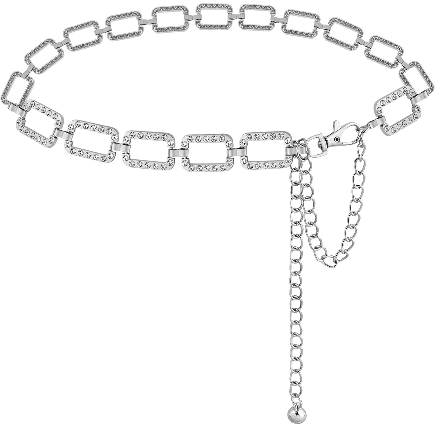 LIMHOO Metal Waist Chain for Women Rhinestone Chain Belt Crystal Waist Belt for Dress (Square-Silver-S)