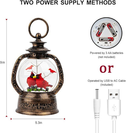 Christmas Snow Globe Lantern Water Glittering Cardinal with Music, USB Lined/Battery Operated Lighted Lantern for Christmas Festival Decoration Gifts